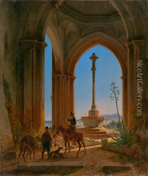 Ruins Of A Church With Resting Huntsmen Near Valencia Oil Painting - Wilhelm Gail