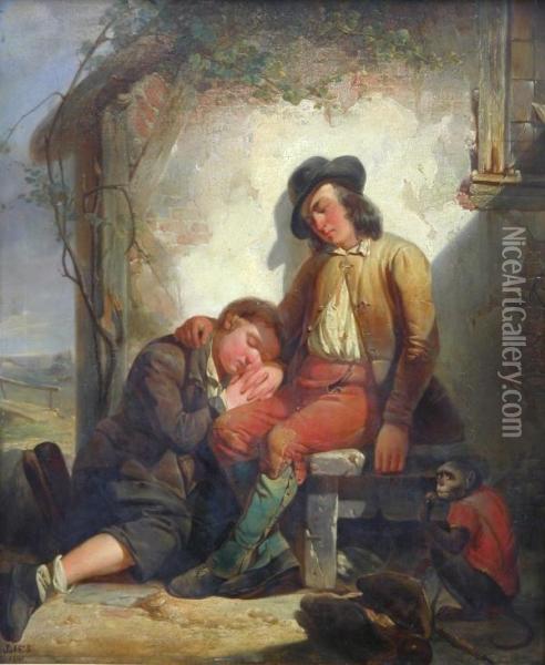 Slapende Kinderen Met Een Aapje Oil Painting - Jozeph Hendrik H. Lies