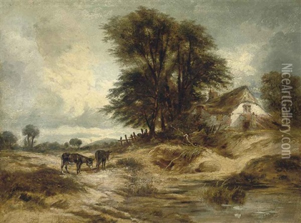 Two Donkeys Grazing Before A Thatched Cottage Oil Painting - William James Mueller
