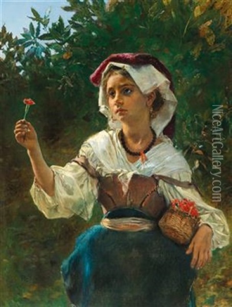Italian Girl With A Small Basket And A Carnation Before A Laurel Bush Oil Painting - Anton Romako
