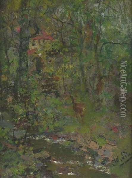 Reh An Einem Bachlauf Im Wald Oil Painting - Adolf Lins