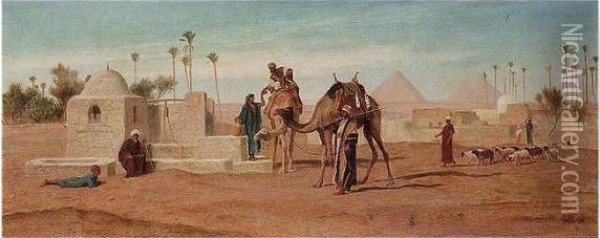 Travellers At A Roadside Well, The Pyramids Beyond Oil Painting - Frederick Goodall