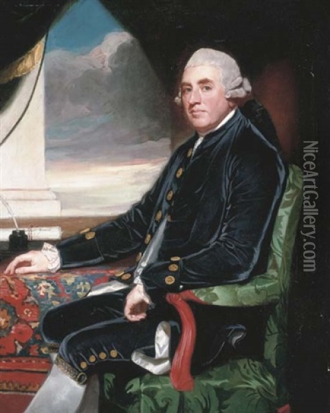 Portrait Of Barry Maxwell, 1st Earl Farnham, Wearing A Blue Velvet Suit With Gold Buttons And White Lace Cuffs, Before A Table Draped With An Oriental Carpet, An Open Window Beyond Oil Painting - George Romney