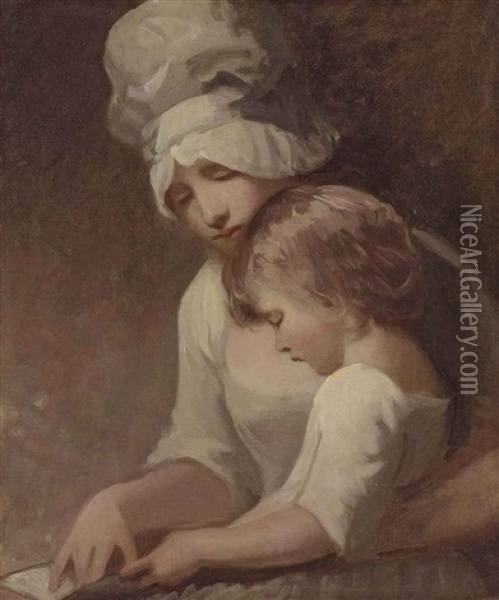 Portrait Of A Lady And A Child, Traditionally Identified As Mrs Cumberland And Her Son, Charles, Half-length, In A White Dress And Bonnet Oil Painting - George Romney