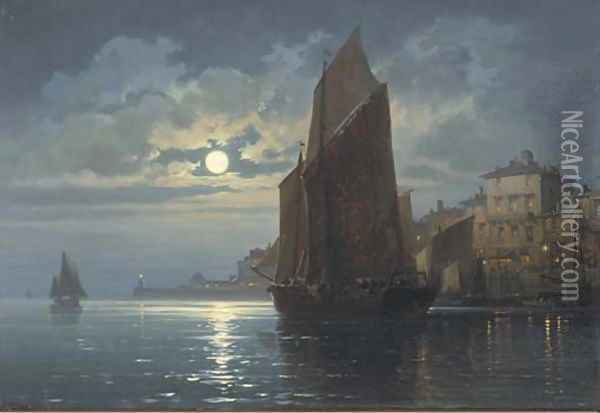 Vessels at their moorings under moonlight Oil Painting - Charles Euphraisie Kuwasseg