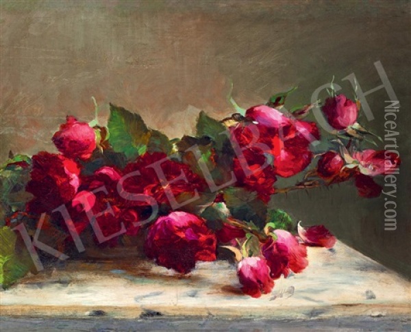 Still Life With Roses (magia Nera) Oil Painting - Janos Vaszary