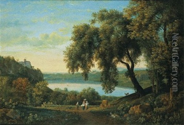 Vue Du Lac D'albano Avec Castelgandolfo Oil Painting - Elisabet Charlotta Karsten
