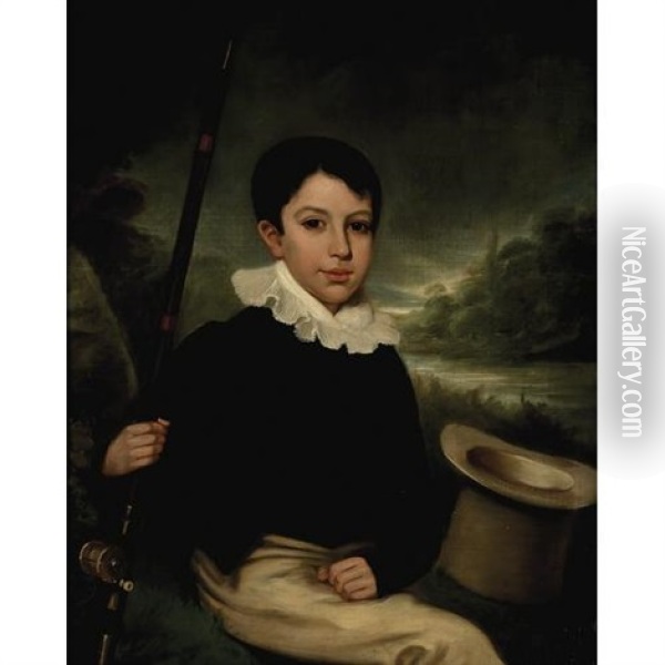 A Portrait Of A Young Boy With A Fishing Rod And A River Beyond Oil Painting - John Opie