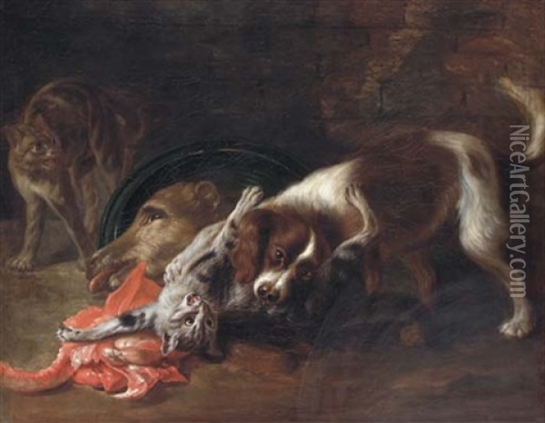 A Spaniel And A Cat Fighting, With Another Cat Looking On Oil Painting - Nicasius Bernaerts