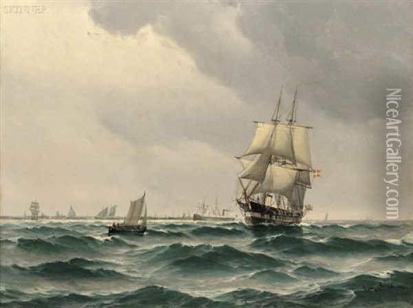 Two-masted Clipper Ship On The Sea Oil Painting - Vilhelm Victor Bille
