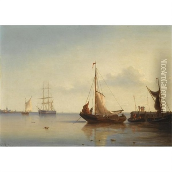 Sailing Boats Near A Jetty Oil Painting - George Johannes (Jan) Hoffmann