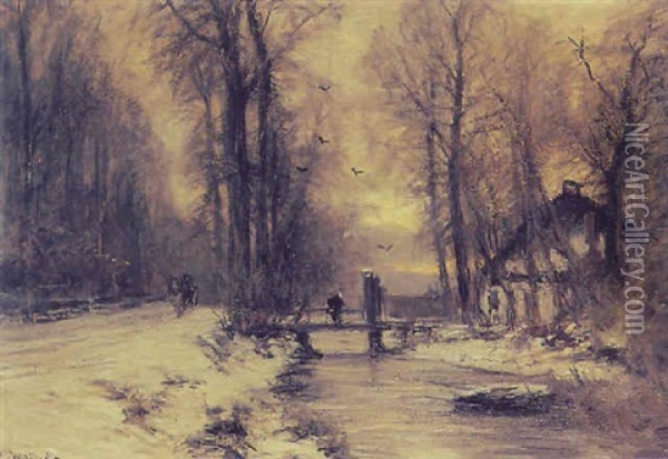 A Snowy Country Road Along A Canal Oil Painting - Louis Apol