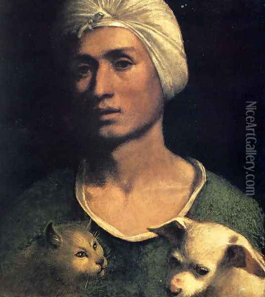 Portrait Of A Young Man With A Dog And A Cat Oil Painting - Dosso Dossi