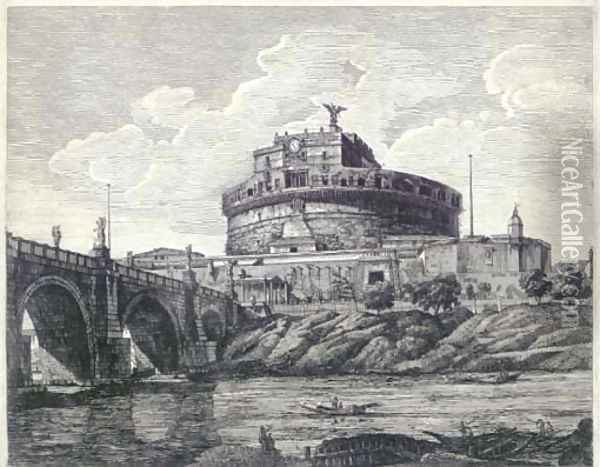 Veduta della Gran Mole Adriana, e Ponte Elio in oggi Ponte e Castel St Angelo Oil Painting - Luigi Rossini