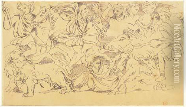 La Chasse Aux Sangliers D'apres Un Bas-relief Antique Ou Une Gravure Oil Painting - Eugene Delacroix