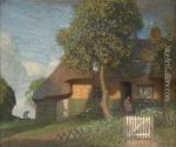 Clark's Cottage, Duton Hill, Essex, Evening Oil Painting - George Clausen