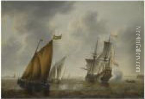 Shipping In A Breeze Off The Dutch Coast Oil Painting - Jacob Adriaensz. Bellevois
