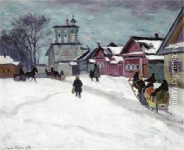 Russian Village In Winter Oil Painting - Arnold Borisovic Lakowskij