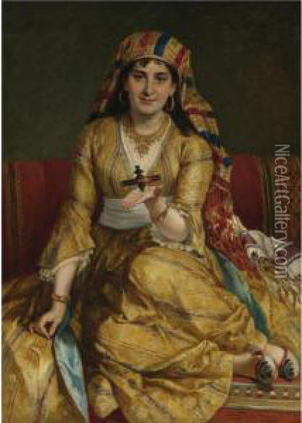 A Woman In Oriental Costume Playing With A Spinning Top Oil Painting - Cesare Felix dell' Acqua