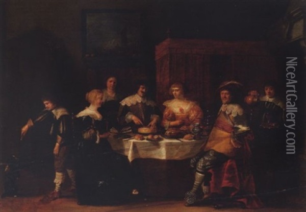 An Elegant Company Eating And Drinking In An Interior Oil Painting - Christoffel Jacobsz. Van Der Lamen