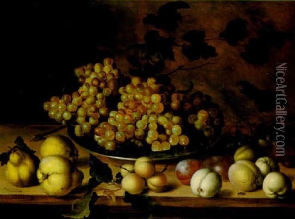 A Still Life With Pears, Peaches And Grapes On A Pewter Plate On A Wooden Ledge Oil Painting - Balthasar Van Der Ast