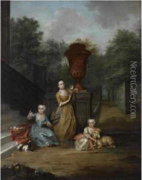 A Portrait Of Maria Christina 
(born 1723), Adriana (born 1728) And Christina Elisabeth (born 1729) 
Pompe Van Meerdervoort At The Family's Country Estate Oil Painting - Aert Schouman