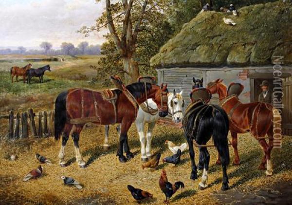 Horses, Chickens And Birds By A Barn Oil Painting - John Frederick Herring Snr