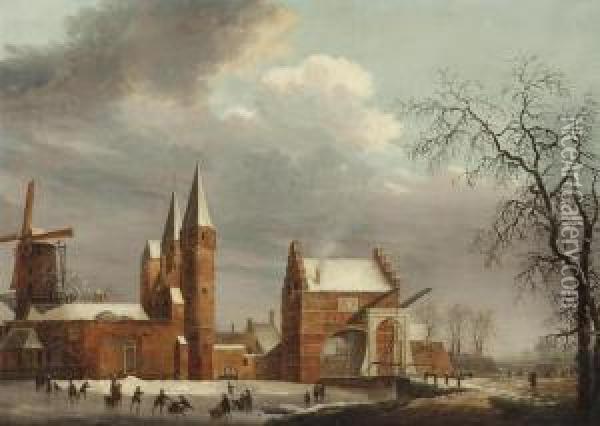 A Winter Landscape With Figures Skating On Ice In Front Of The Oostpoort, Delft Oil Painting - Paulus Van Liender