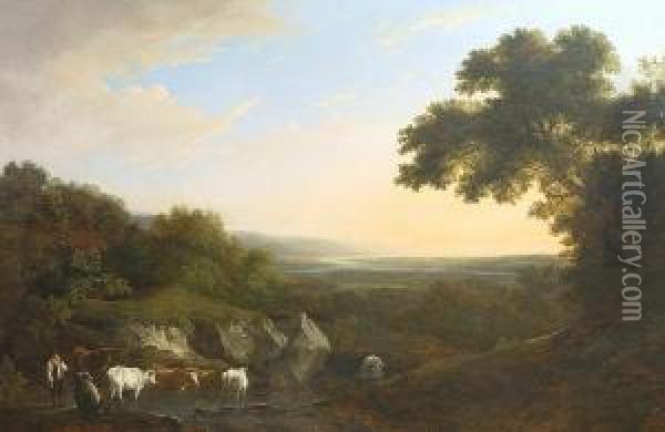 An Extensive Estuary Landscape With Cattle And Figures In The Foreground Oil Painting - Benjamin Barker Of Bath