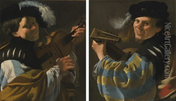 A Man Playing A Lute And A Man Playing A Viola Da Braccio: A Pair Oil Painting - Hendrick Ter Brugghen