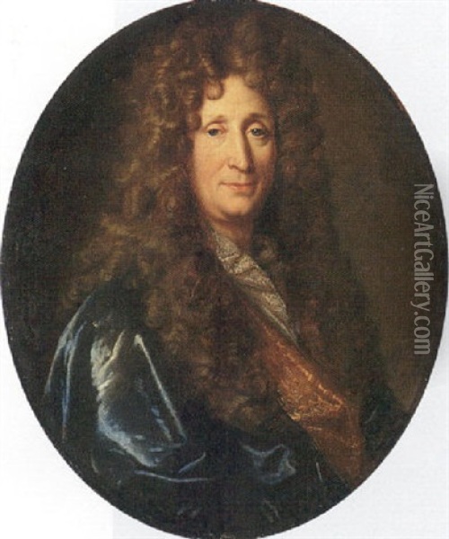 Portrait Of A Gentleman (counselor Broussel?) Wearing A Blue Cloak And Gold Waistcoat Oil Painting - Nicolas de Largilliere