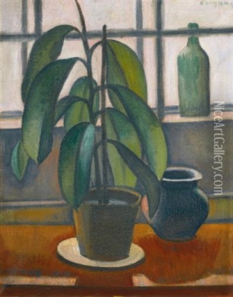 A Rubber Plant On A Window Ledge Oil Painting - Dezsoe Czigany