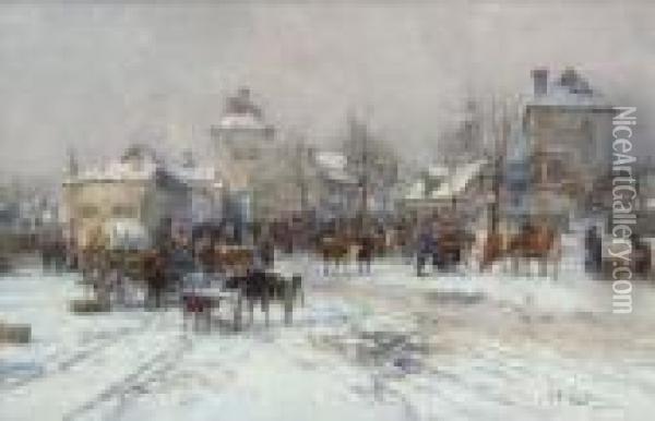 Winterlicher Viehmarkt Vor Der
 Stadt. Oil Painting - Karl Stuhlmuller