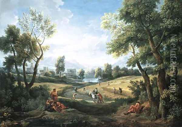 An extensive river landscape with peasants during the harvest, a lakeside town beyond Oil Painting - Jan Frans Van Bloemen (Orizzonte)