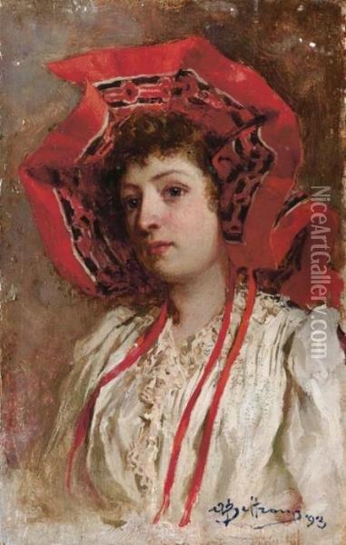 Ritratto Femminile Con Fazzoletto - 1893 Oil Painting - Achille Beltrame