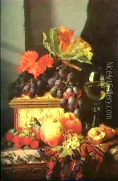 Still Life With Fruit, A Glass Of Wine And An Ivory Casket Oil Painting - Edward Ladell