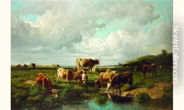 Vaches S'abreuvant Oil Painting - Rene-Joseph Menard