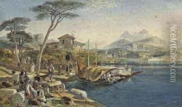 Figures At Work On The Edge Of An Italian Lake Oil Painting - Ernest, Major Gambier-Parry
