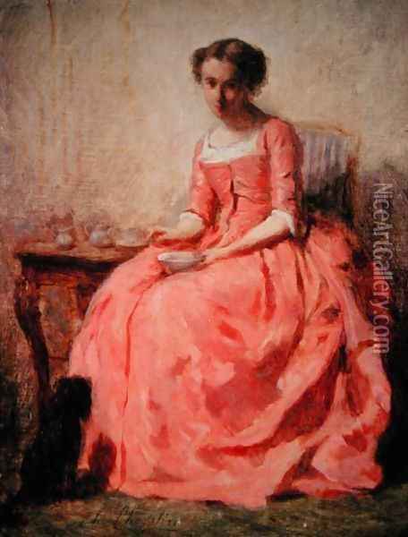 Girl in a pink dress at a table Oil Painting - Charles Chaplin