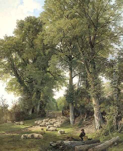 Sheep resting in a woodland glade, a traveller looking on Oil Painting - Frederick William Hulme
