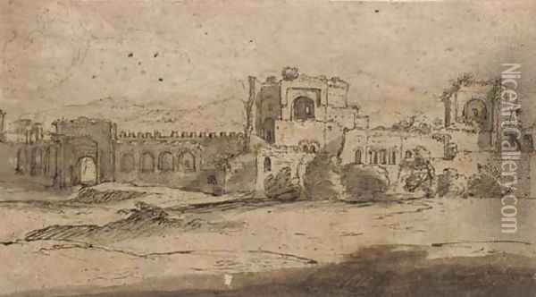 Porta San Giovanni and Porta Asinara in the Aurelian walls of Rome Oil Painting - Claude Lorrain (Gellee)