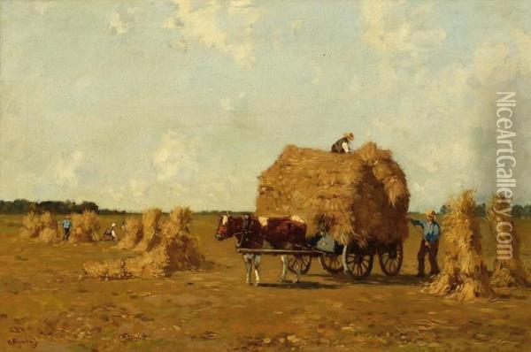Haymaking Farmers With A Horse And Cart Oil Painting - Hermanus Charles Christiaan Bogman