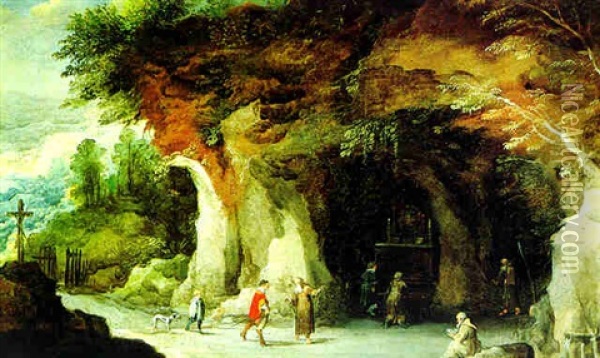 Gebirgslandschaft Mit Einer Felsgrotte, Pilgern Und Monchen Oil Painting - Joos de Momper the Younger