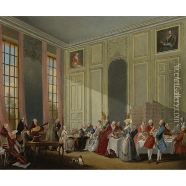 Mozart Giving A Concert In The Salon Des Quatre-glaces Au Palais Dutemple In The Court Of The Prince De Conti Oil Painting - Michel Barthelemy Olivier