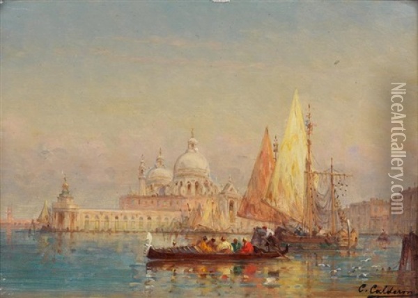 Gondoles Et Voiliers Devant La Dogana De Venise Oil Painting - Charles Clement Calderon