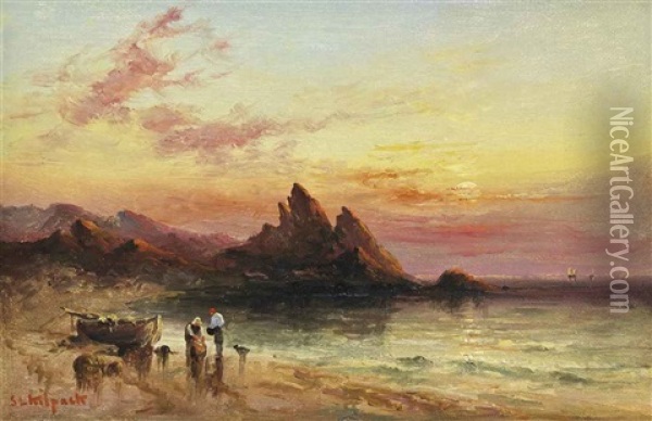 Sorting The Catch, St. Brelade's Bay, Jersey Oil Painting - Sarah Louise Kilpack