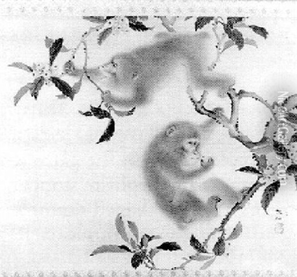 Playful Monkeys In A Tree Oil Painting - Sosen Mori