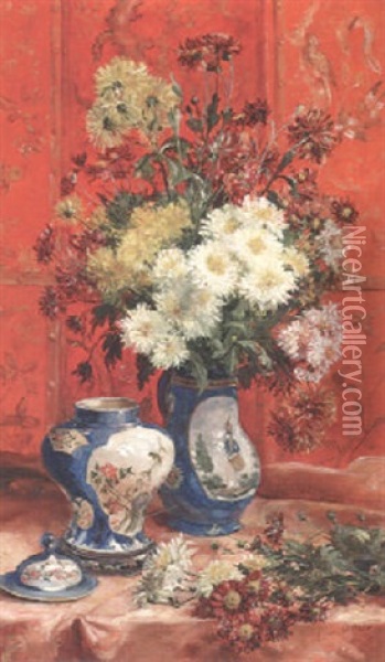 Crysanthemums On A Draped Table Oil Painting - Joseph Francois de Coene