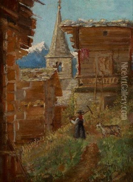 Coin De Village A Vissoye (valais)(le Matin) Oil Painting - Eugene-Louis L'Huillier