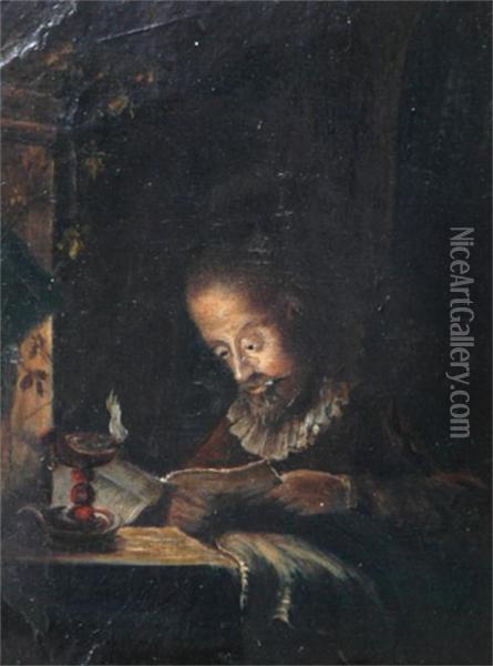 Interior Of A Man Reading A Book By Candlelight Oil Painting - M. Adams